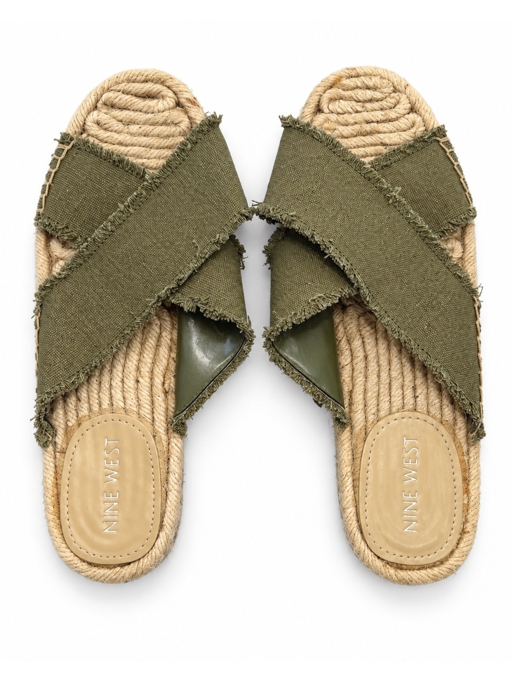 Nine West Olive Green Canvas Slip-On Sandals with Rope Sole